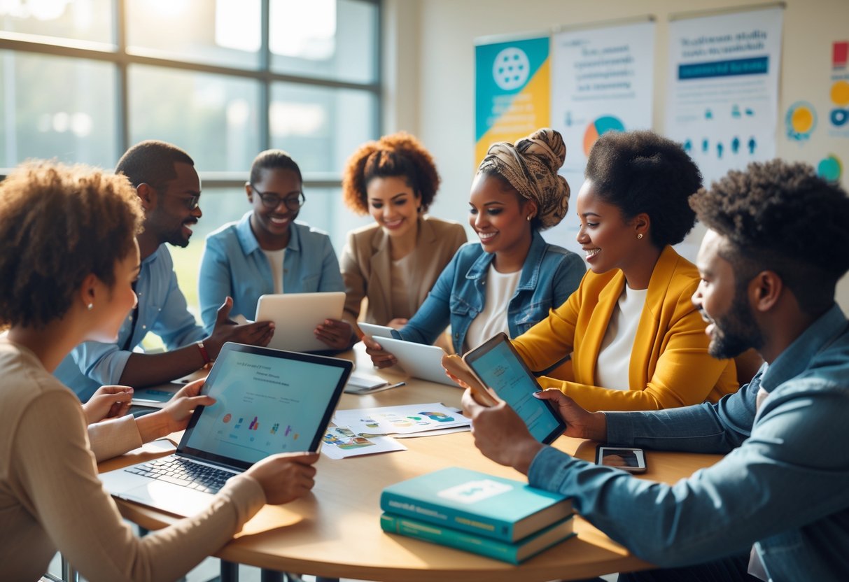 Eine diverse Gruppe von Menschen unterschiedlichen Alters und Herkunft arbeitet gemeinsam an einem Tisch in einem hellen Raum mit Fenstern und digitalen Geräten.