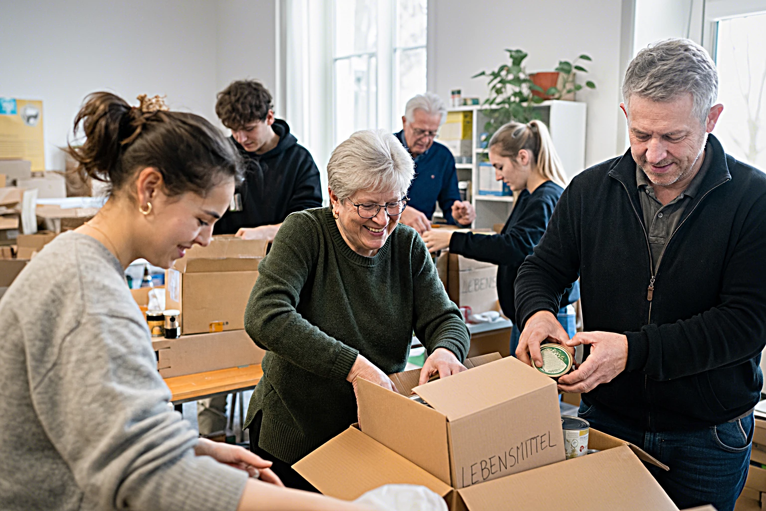 Freiwillige Helfer verschiedener Generationen packen gemeinsam Kisten in einem hellen Gemeinschaftsraum