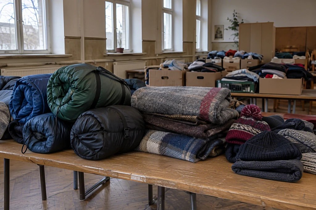 Gestapelte Schlafsäcke, Decken und Mützen auf Tischen in einem Gemeinderaum